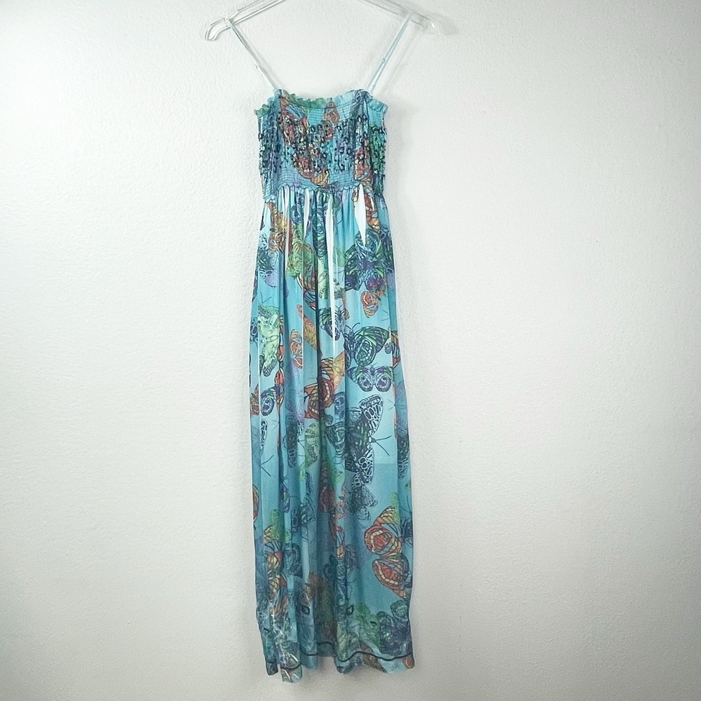Lapis Womens One Size Blue Butterfly Print Midi Dress Smocked Boho Sequins Y2K
